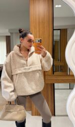 Beige Sherpa Fleece Quarter Zip Sweater