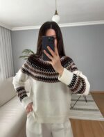 White And Brown Fair Isle Knit Sweater