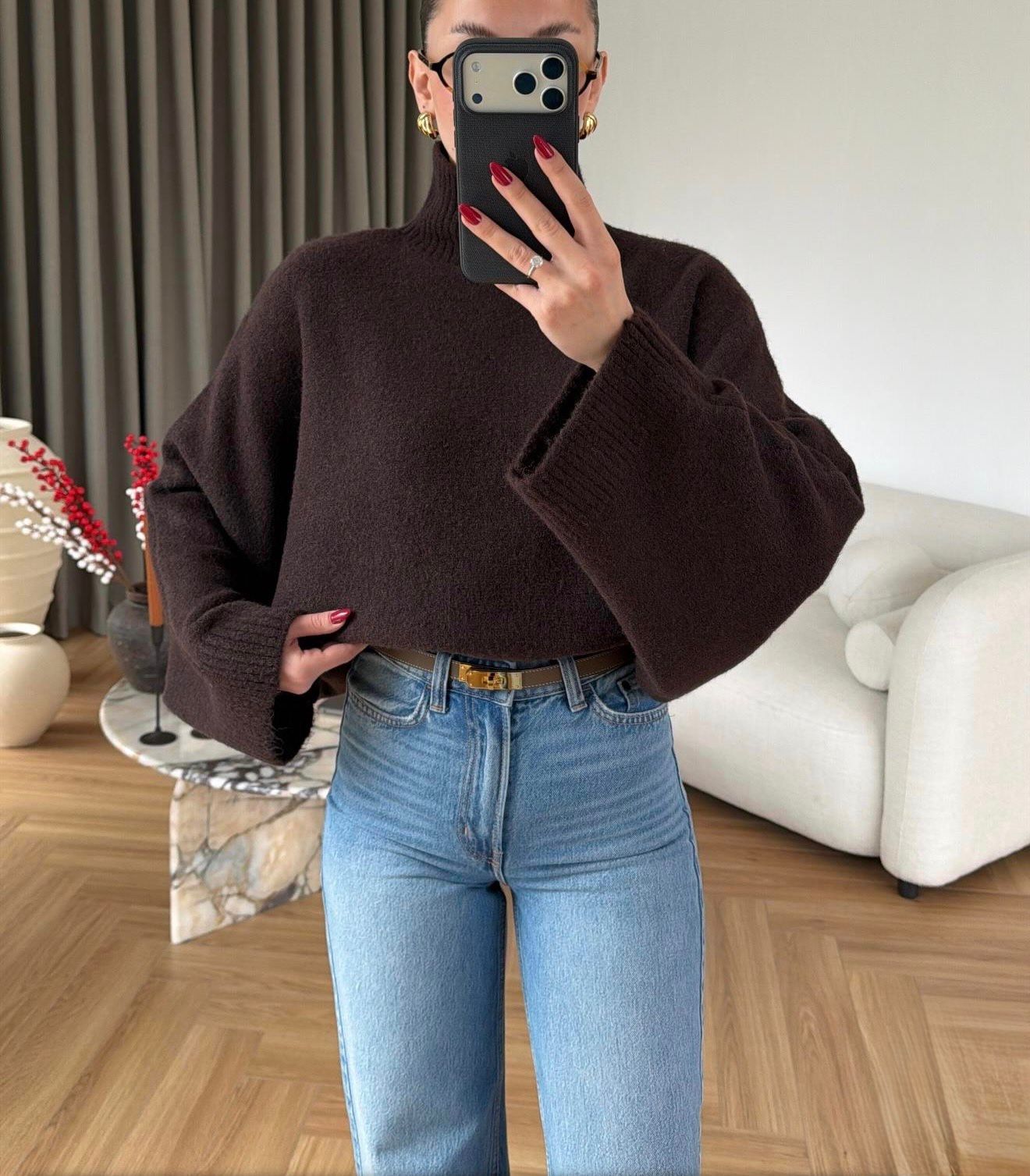 3b9ed502-4492-416a-bc7c-d4a29cce43b5 Brown Cropped Turtleneck Sweater - Image 1