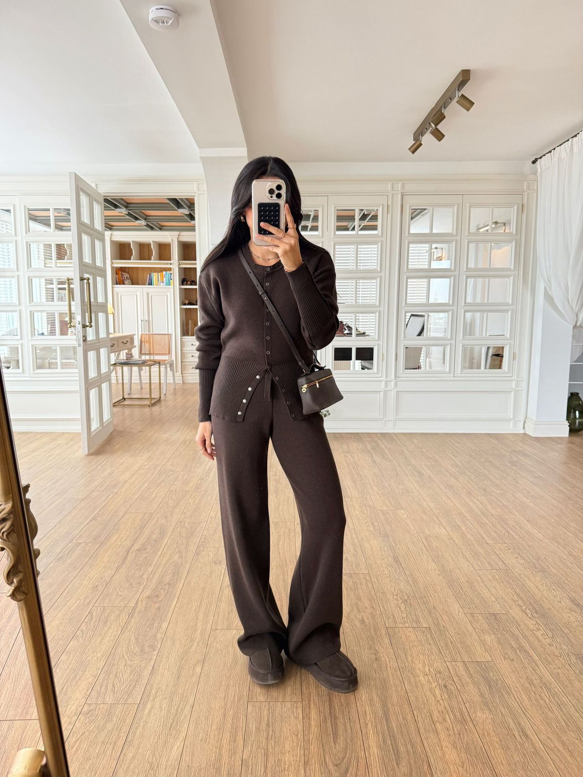 3ec737b8-88f3-48f9-b129-dc06127c0220 Brown Knit Cardigan and Pants Set - Image 1