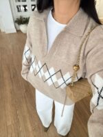 Beige Argyle Knit Sweater With Collar - Image 2
