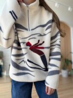 Cream Fleece Quarter Zip Floral Pullover - Image 5