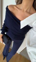 Off-Shoulder Contrast Knit— Navy - Image 2