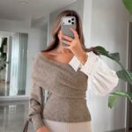 Off-Shoulder Contrast Knit—Beige