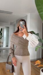 Off-Shoulder Contrast Knit—Beige