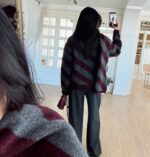 Burgundy Gray Scarfed Striped Knit Sweater - Image 2