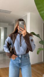 Brown and Blue Button Neck Sweater