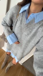 Layered Knit Shirt Dress – Grey - Image 4