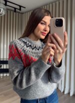 Gray Fair Isle Pattern Knit Sweater - Image 2