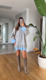 Layered Knit Shirt Dress – Grey