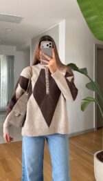Beige Brown Argyle Knit Henley Sweater