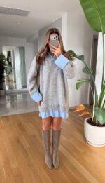 Layered Knit Shirt Dress – Grey - Image 3