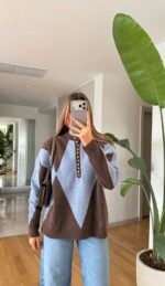 Brown and Blue Button Neck Sweater - Image 2