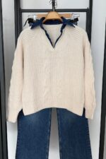 Denim-Collar Cable Knit - Ecru