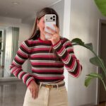 Red and Brown Striped Ribbed Sweater