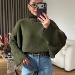 Green Turtleneck Sweater With Wide Sleeves