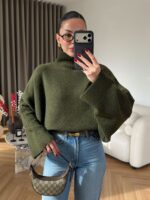 Green Turtleneck Sweater With Wide Sleeves