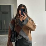 Jacquard V-Neck Knit – Grey & Beige