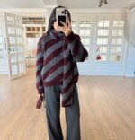 Burgundy Gray Scarfed Striped Knit Sweater - Image 4