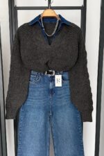 Denim-Collar Cable Knit - Grey - Image 2
