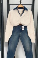 Denim-Collar Cable Knit - Ecru - Image 2