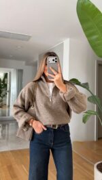 Beige Ribbed Half Zip Knit Sweater - Image 3