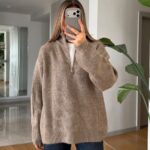 Beige Ribbed Half Zip Knit Sweater