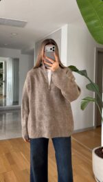 Beige Ribbed Half Zip Knit Sweater
