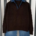 Denim-Collar Cable Knit - Brown