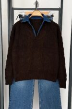 Denim-Collar Cable Knit - Brown