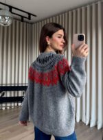 Gray Fair Isle Pattern Knit Sweater - Image 3
