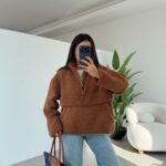 Brown Fleece Quarter Zip Pullover Sweater