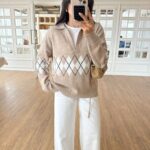 Beige Argyle Knit Sweater With Collar