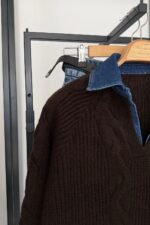Denim-Collar Cable Knit - Brown - Image 3