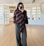 Burgundy Gray Scarfed Striped Knit Sweater