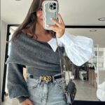 Off-Shoulder Contrast Knit— Grey