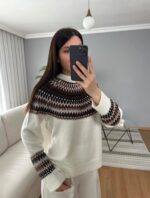 White And Brown Fair Isle Knit Sweater - Image 2
