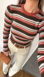 Brown and Red Striped Ribbed Sweater - Image 2