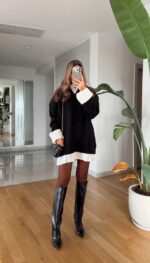 Layered Knit Shirt Dress – Black