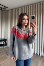 Gray Fair Isle Pattern Knit Sweater