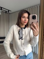 Cream Buttoned Sweater With Paisley Scarf