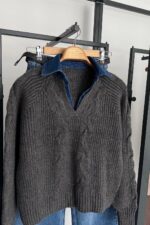 Denim-Collar Cable Knit - Grey
