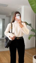 Ivory Ribbed Turtleneck Knit Sweater - Image 2