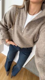 Beige Ribbed Half Zip Knit Sweater - Image 2