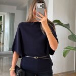 Navy Batwing Sleeve Knit Top