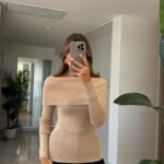 Beige Ribbed Off Shoulder Knit Sweater
