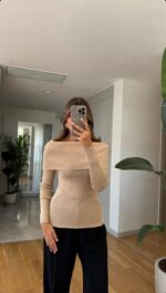 Beige Ribbed Off Shoulder Knit Sweater
