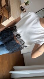 White Cropped T-Shirt With Black Lace Hem - Image 3