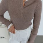 Brown Ribbed Button-Up Knit Top