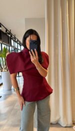 Burgundy Structured Shoulder Blouse - Image 2